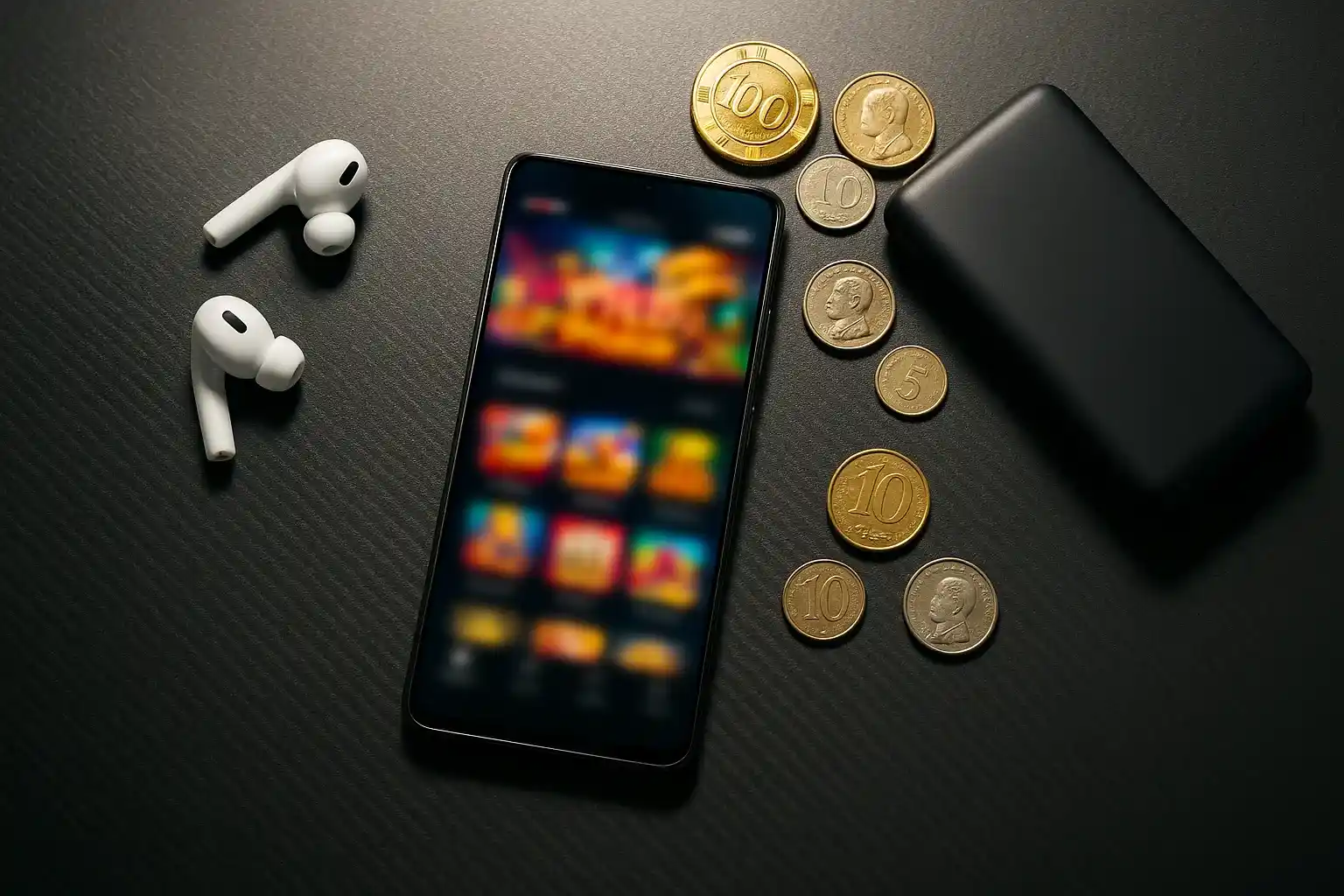Ultra-realistic flat-lay of Android phone with casino app, chips, and peso coins