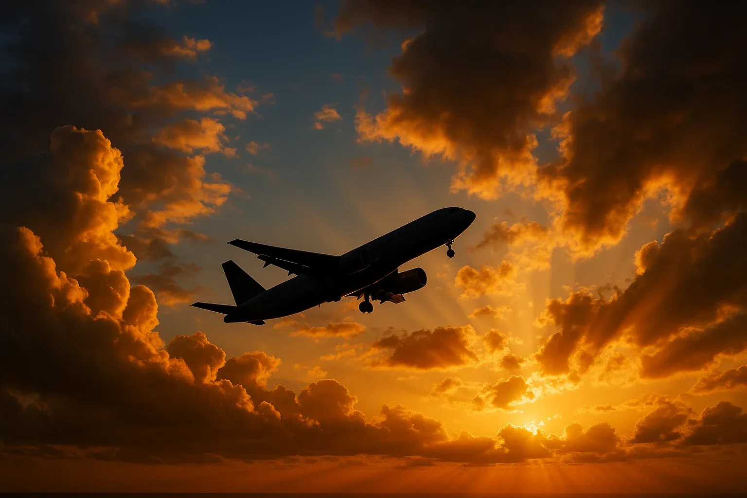 Modern airplane silhouette ascending through golden-hour clouds with dramatic sun rays