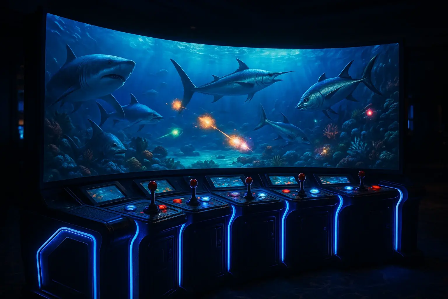 Cinematic wide shot of premium fishing arcade cabinet in Philippine casino