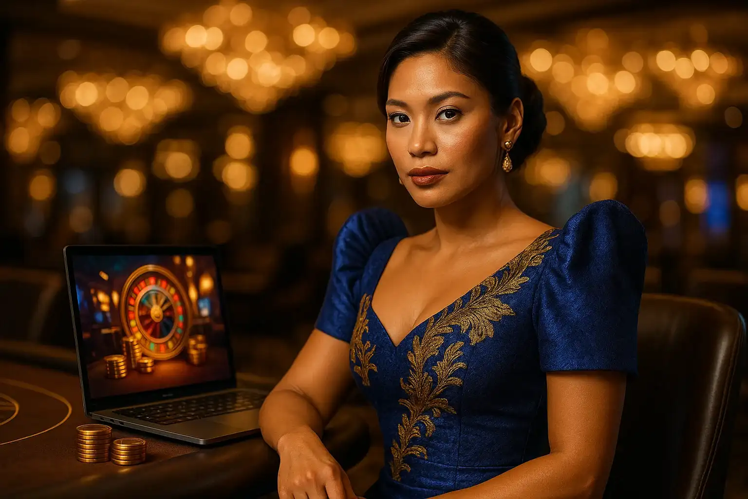 Glamorous Filipino woman in royal blue gown at VIP casino table