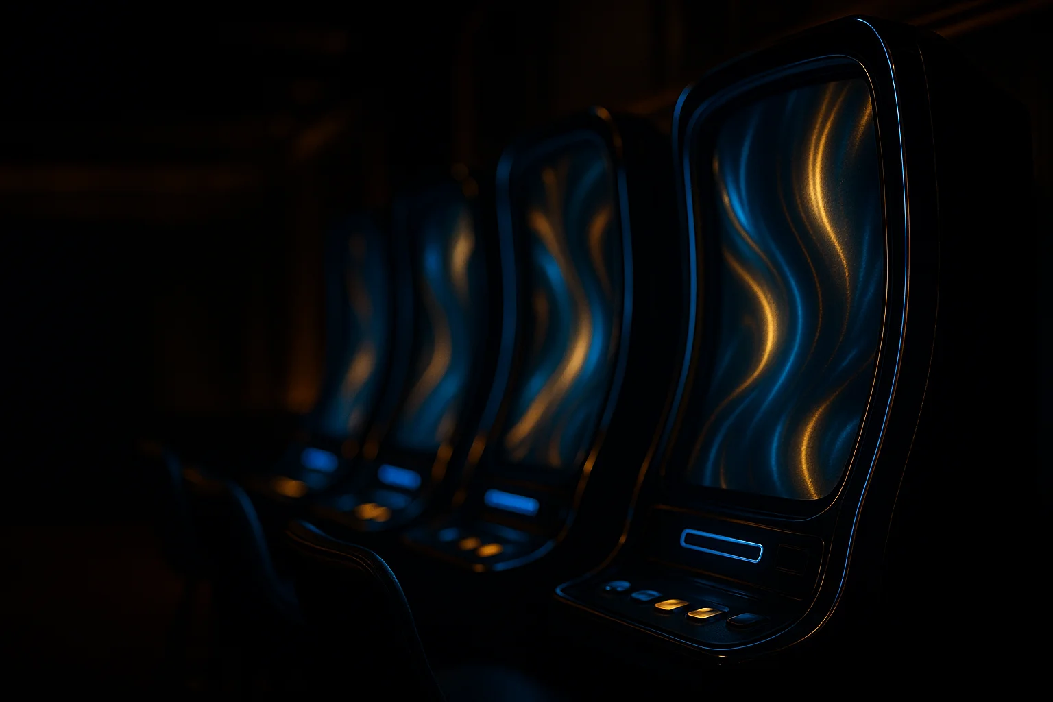 Curved slot machine screens glowing in dark premium lounge, blue gold neon