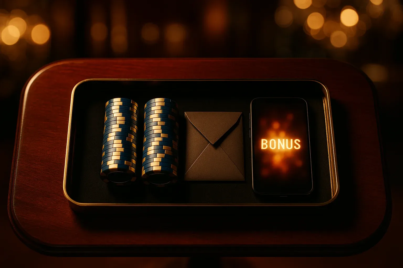 VIP casino bonus tray with chips, gift envelope, and smartphone in Manila lounge