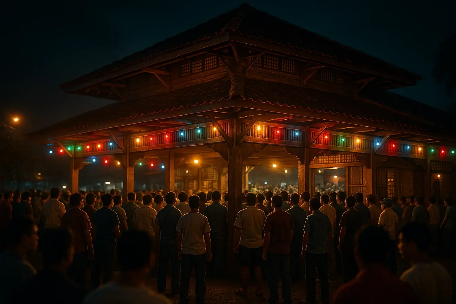 Ultra-realistic night photo of Philippine sabong venue with festive lights and crowd