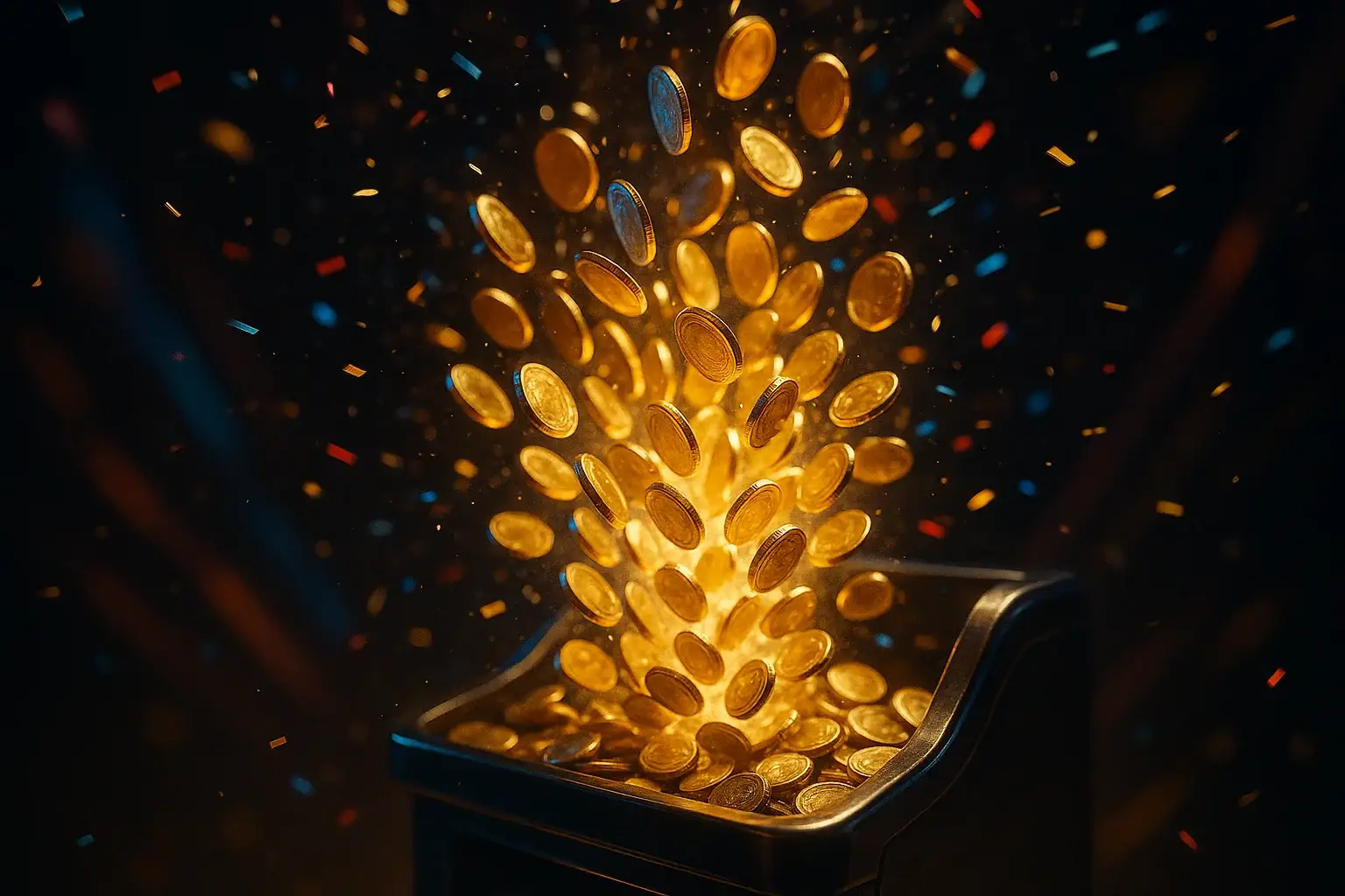 Golden coins bursting from slot machine tray with confetti and light streaks