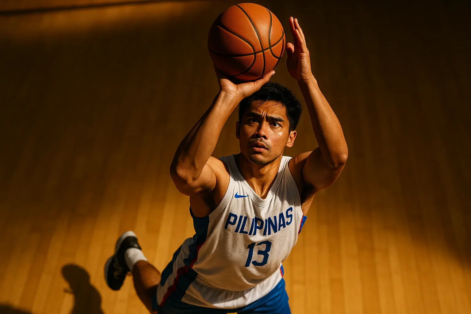 Filipino basketball player shooting a free throw under arena lights